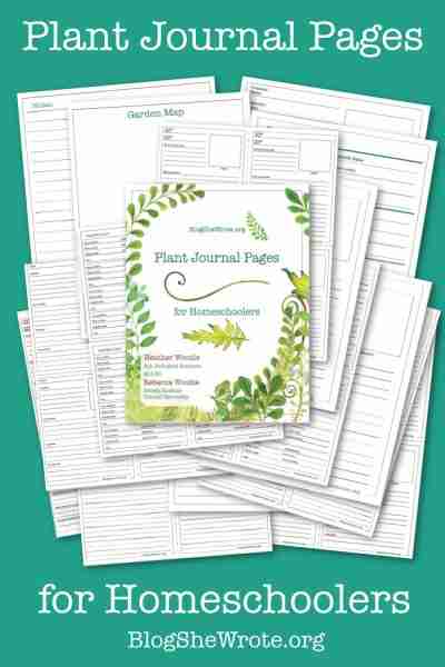 Plant Journaling for Homeschoolers- a set of 40 pages pictures on a teal background