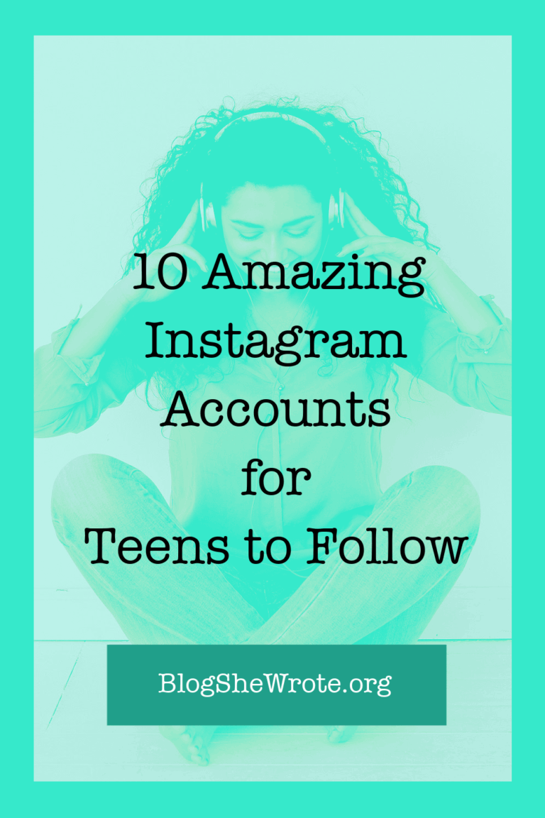 a woman listening through headphones with her hands on them with a teal over lay and the words 10 Amazing Instagram Accounts for Teens to Follow BlogSheWrote.org