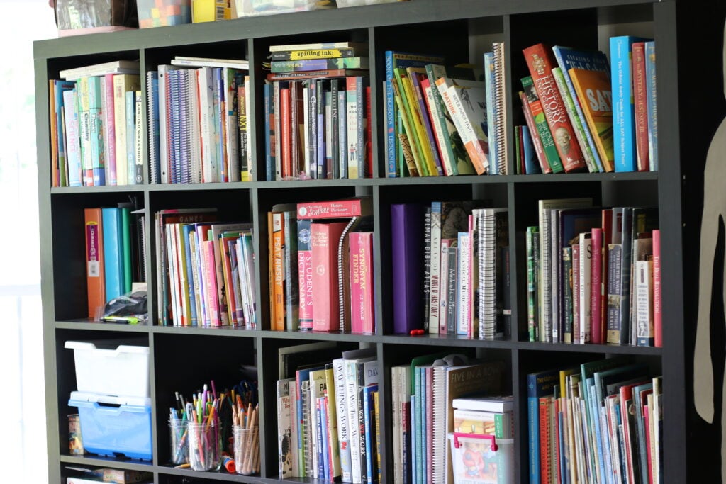 an IKEA kallax book case with books in a home library