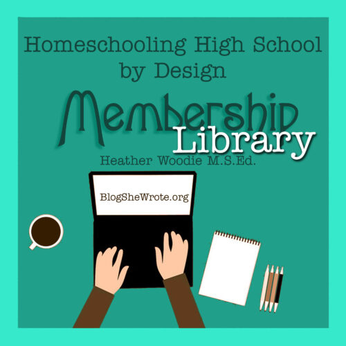hands on a laptop with the site BlogSheWrote.org and the words Homeschooling High School by Design in the background