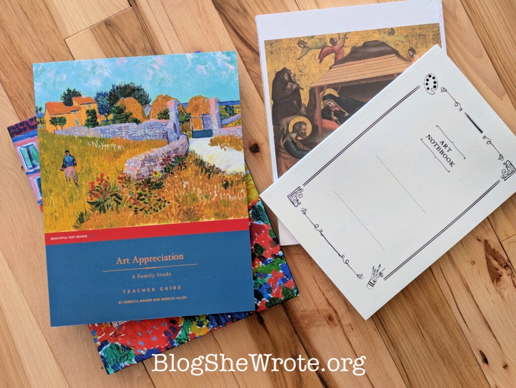 teacher guide, art notebook, and other texts on a wood surface