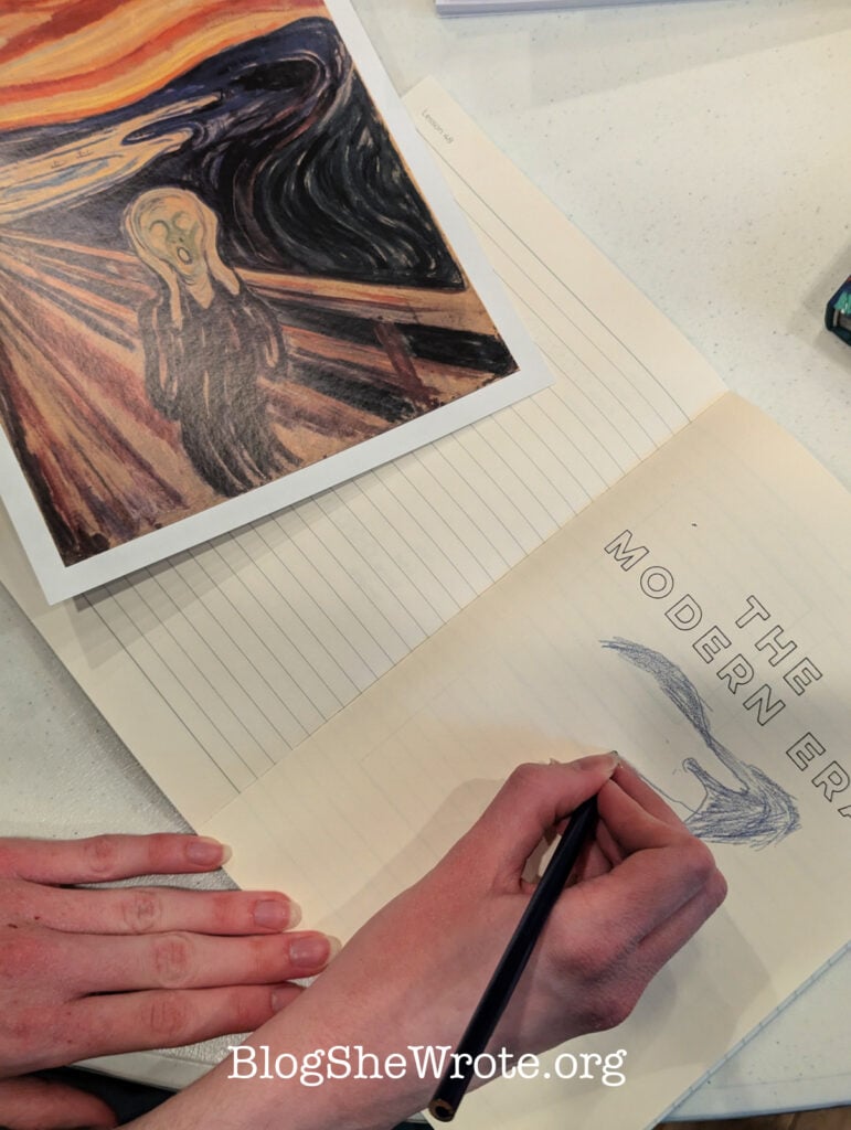 Artist working on a copy of the painting The Scream