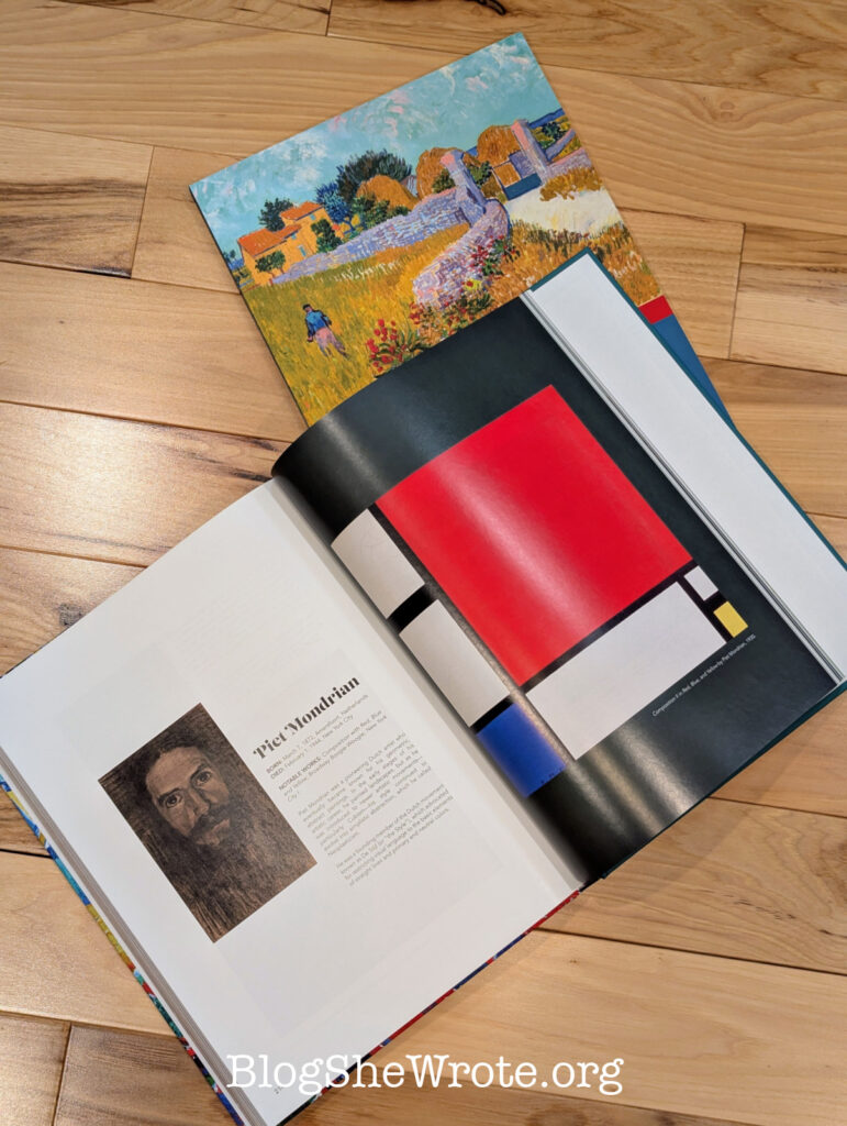 open book on a wood surface with a Mondrian painting on one page and a portrait of Piet Mondrian on the other