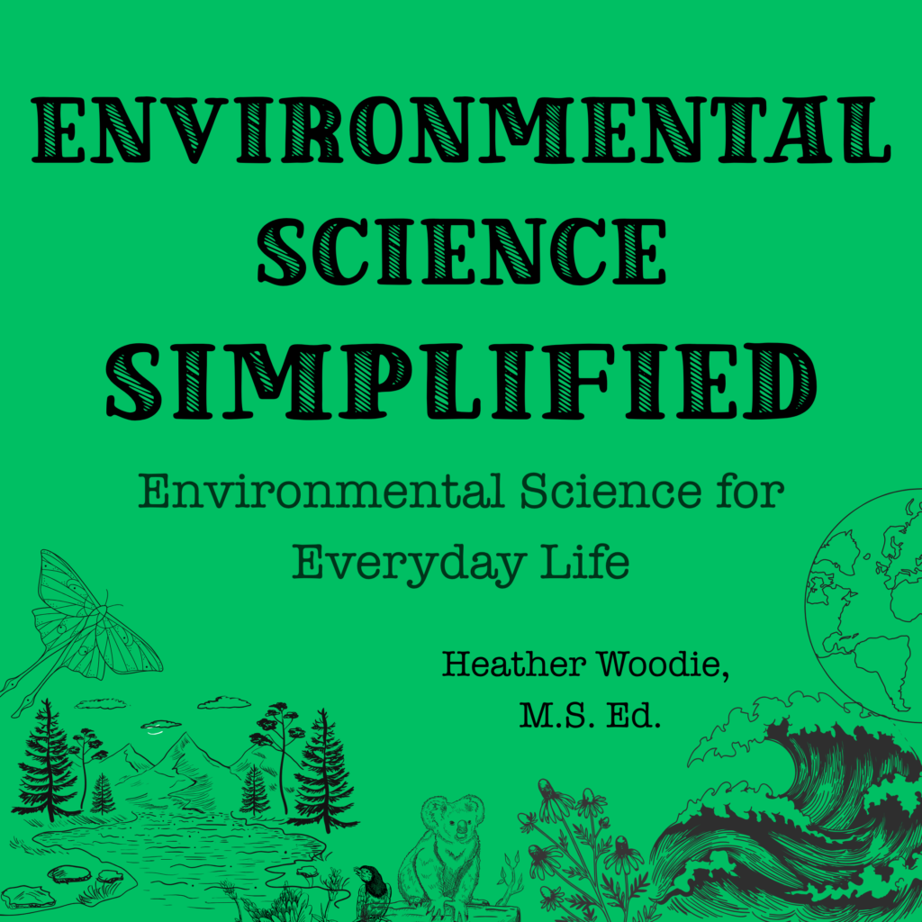 a medium green background with the words Environmental Science Simplified and Environmental Science for Everyday Life along with the name Heather Woodie, M.S. Ed. and line drawings of animals, plants, and habitats